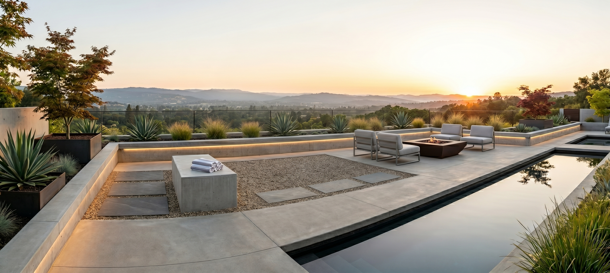 Outdoor patio with pool, chairs, and sunset view