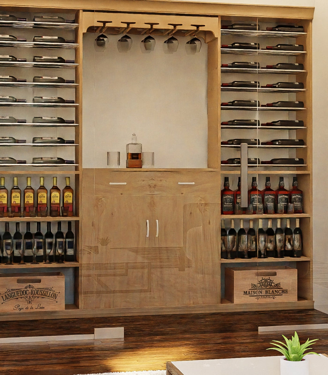 Liquor and Wine Cellar Shelf with Base and Drawers