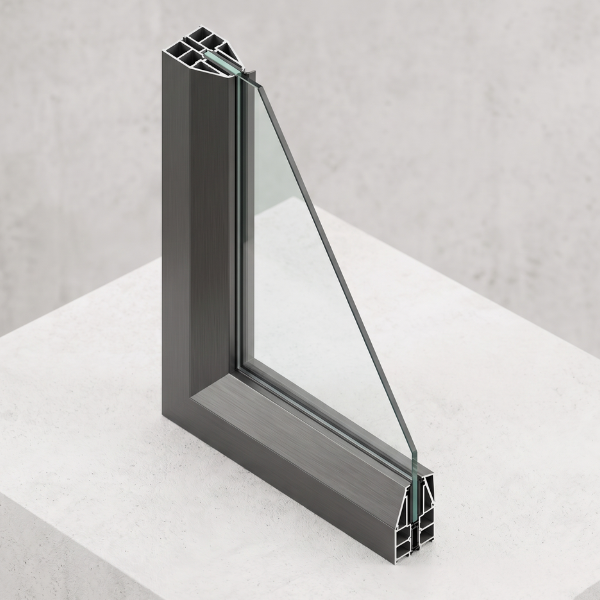 Close-up of a metallic single panel glass frame corner for a glass wine cellar