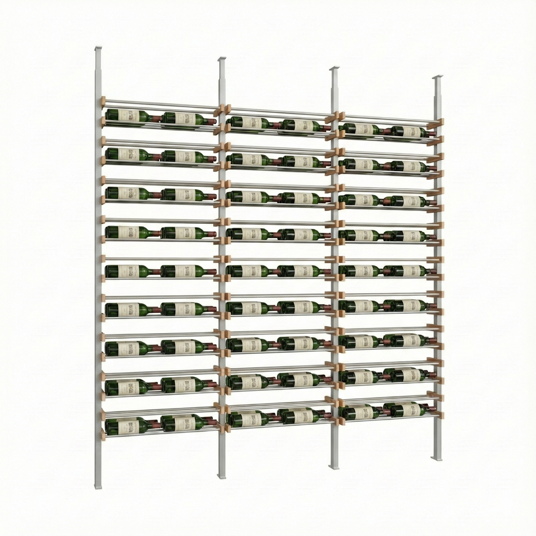 Wine rack holding multiple bottles of wine on a white background