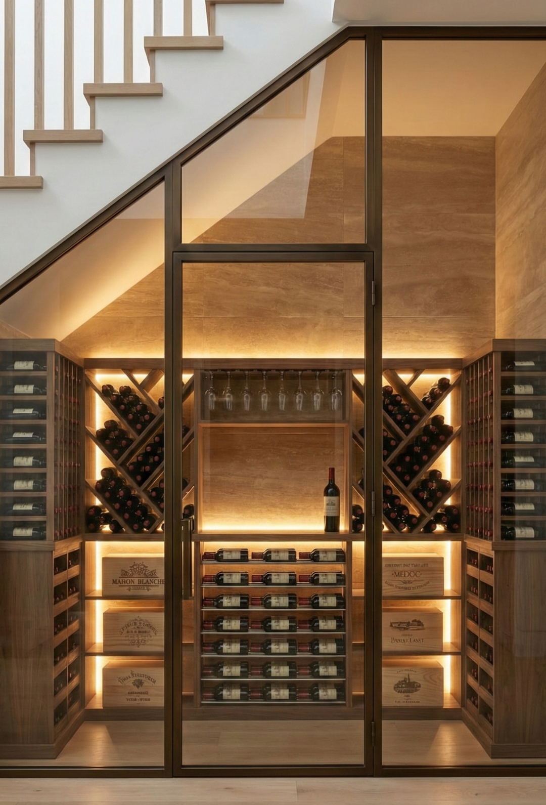 Wooden wine cellar with shelves and bottles under a staircase that is glass enclosed.