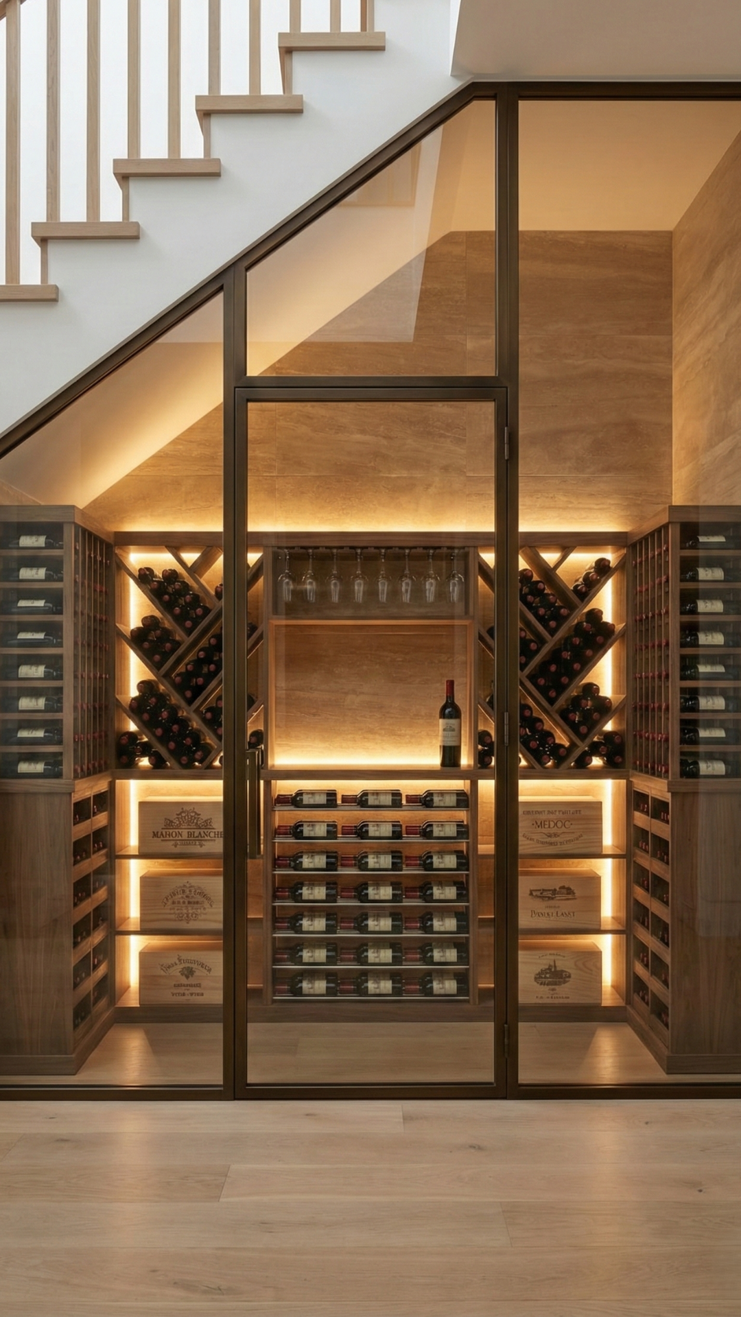Wine Room in a Glass Enclosure Under the Stairs with Custom Lighting