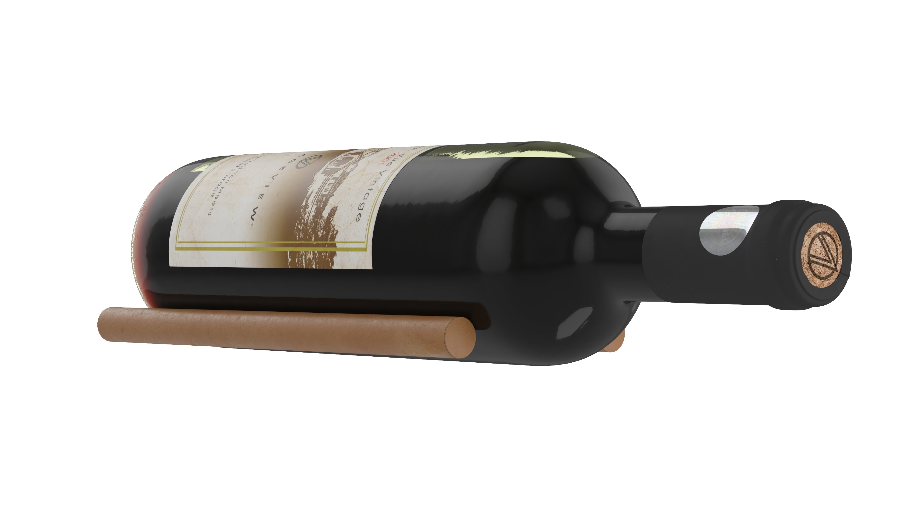 Vino Rails - Single-Bottle Cork-Forward Wall-Mounted Metal Wine Rack Peg in Cognac Leather- Limited Edition Wood/Studs