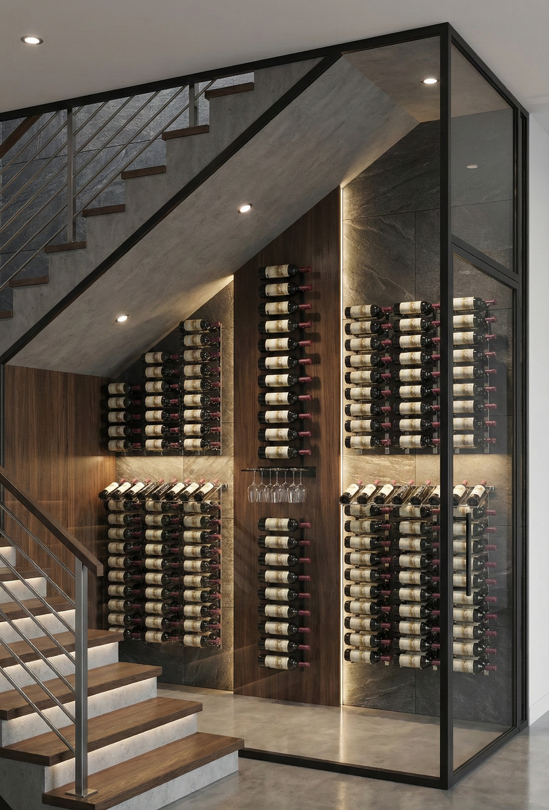 Under the stairs glass enclosed wine cellar with metal wall wine racks in a modern home