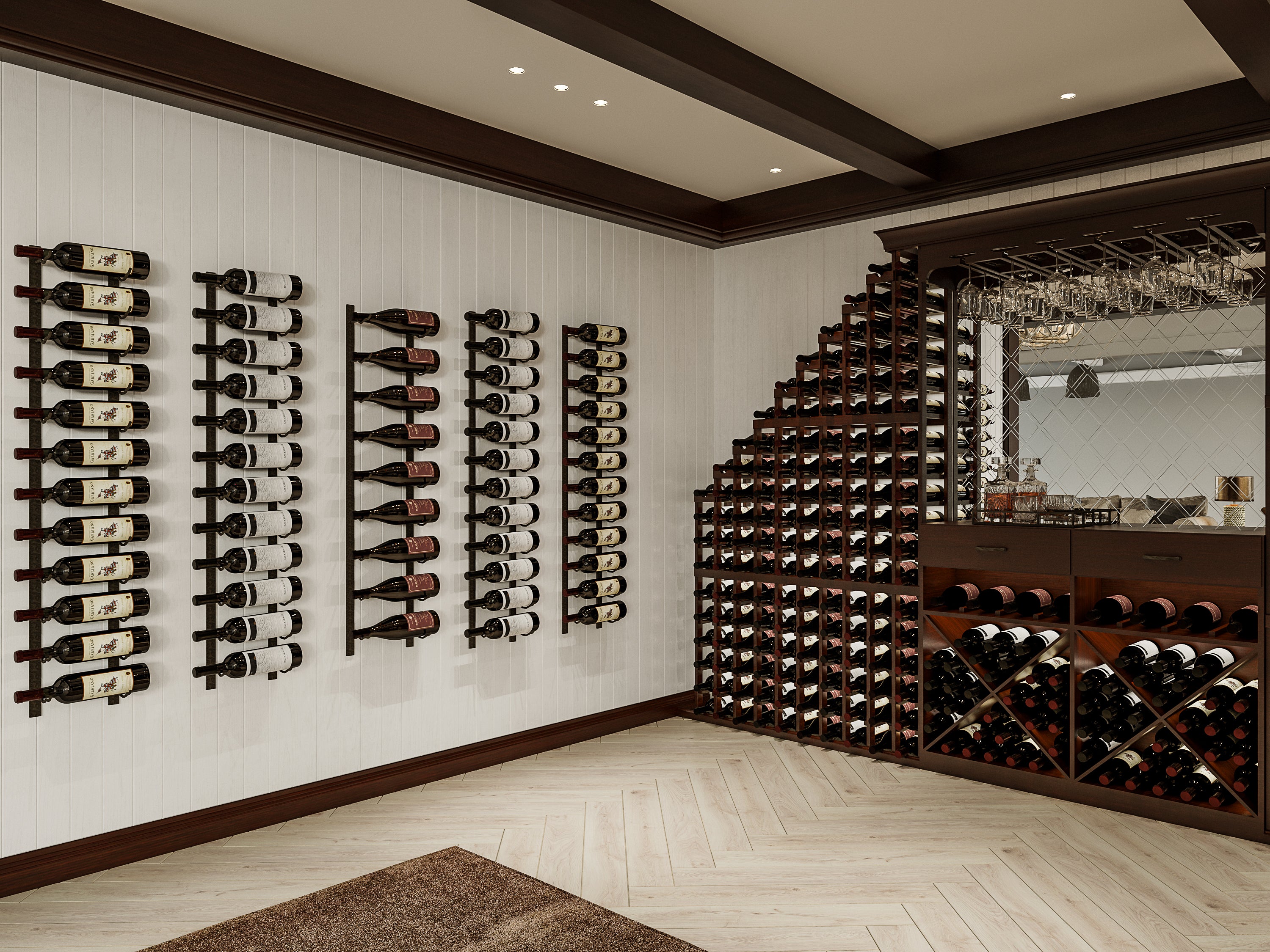 Wine cellar with wall-mounted and floor-standing wine racks.