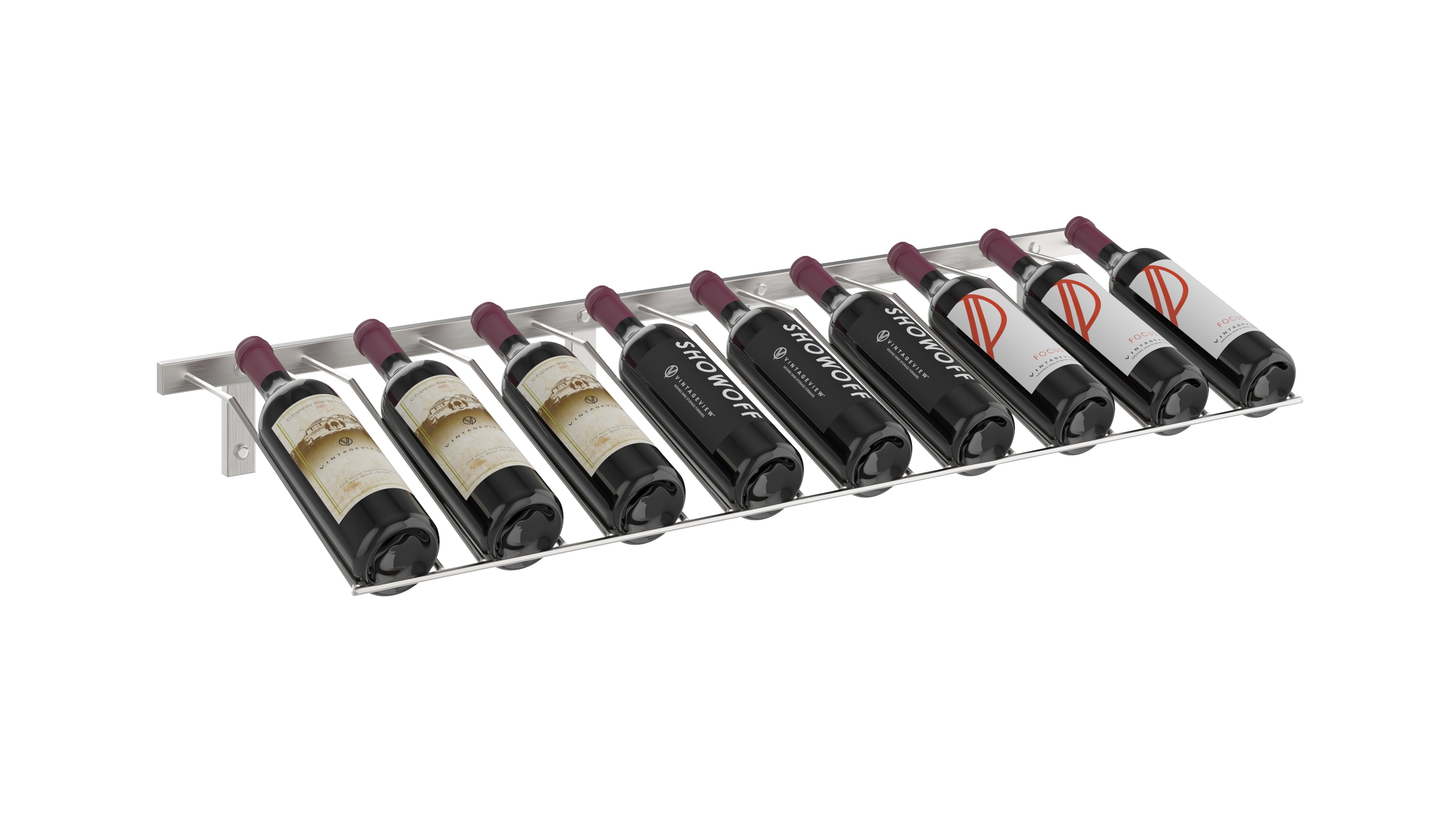 W Series Presentation Row 9 Bottle (wall mounted metal wine rack) in 9 bottle Brushed Nickel