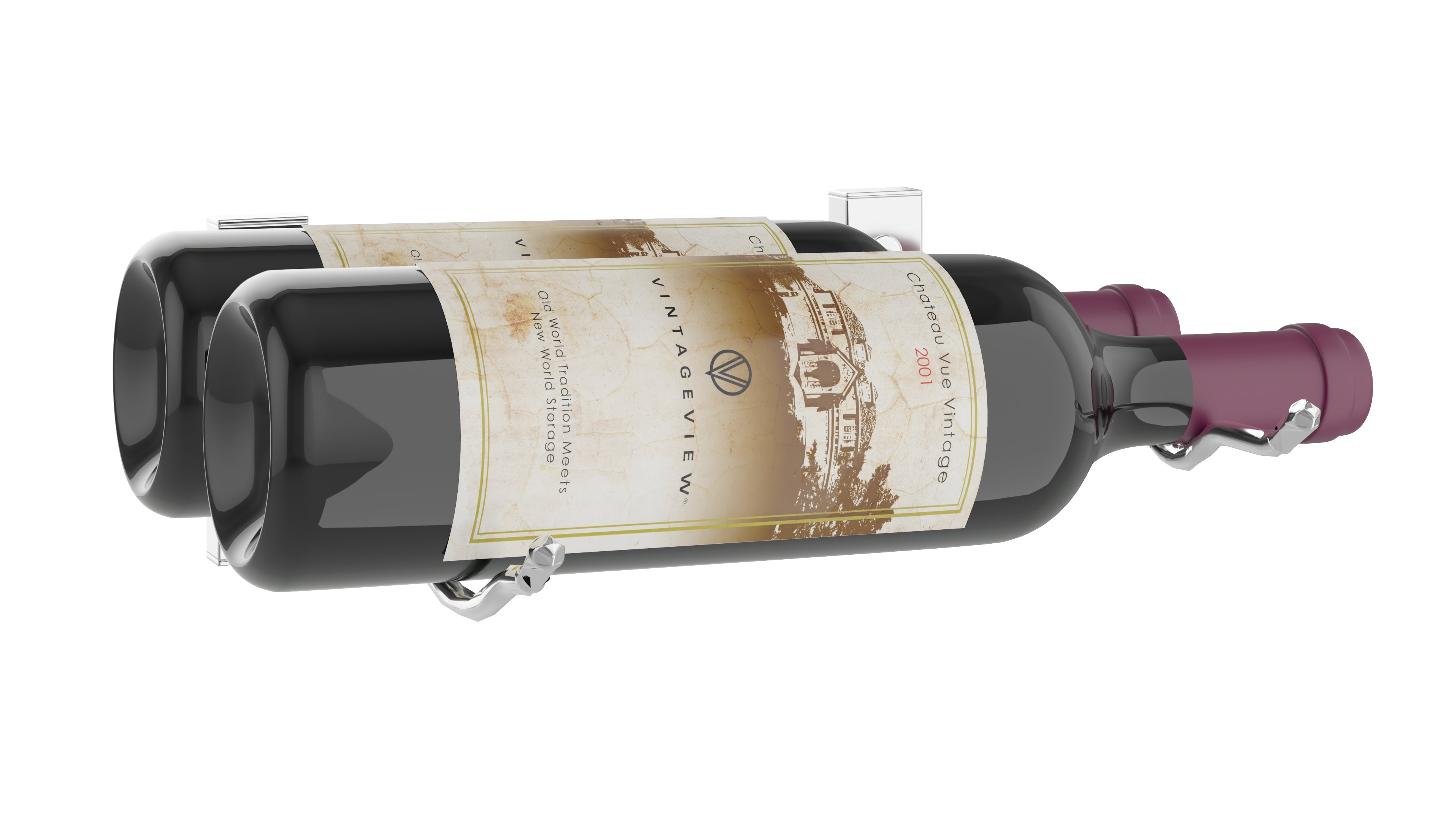 W Series Wine Rack Bottle Height (wall mounted metal wine storage) in 2 Bottles (Double Deep) Chrome Luxe